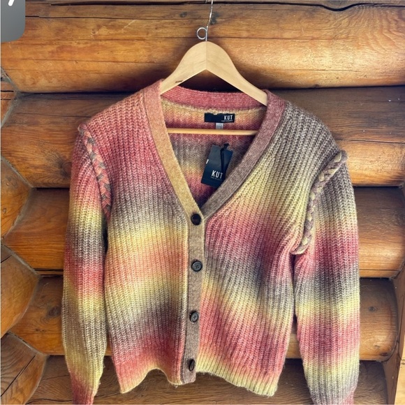 Kut from the Kloth Isla Braided Button Down Cardigan Oatmeal Coral Womens Sz S - Picture 3 of 8